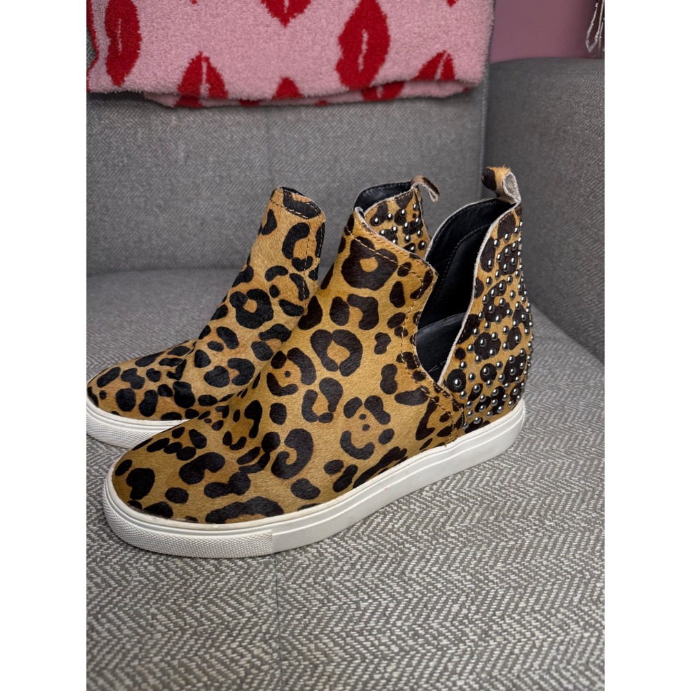 Steven by Steve Madden Leopard Calf Hair Studded Wedge Sneakers Tan Black 6.5